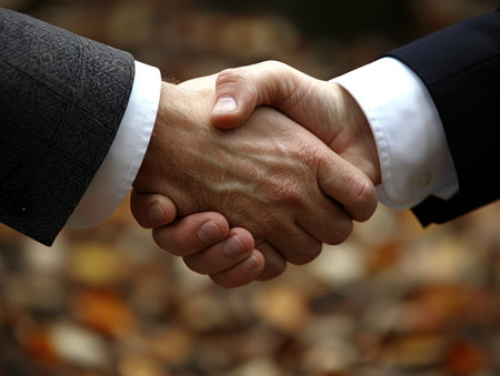 Unity in Partnership: A Firm Handshake Amidst Nature's Embraceの素材