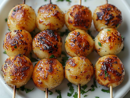 Golden Grilled Skewered Scallops Garnished with Fresh Herbsの素材