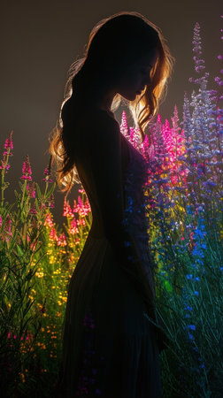 Enchanted Twilight: A Silhouette Amidst Blooming Colorsの素材