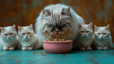 Mother Cat and Kittens Enjoying a Meal Togetherの素材