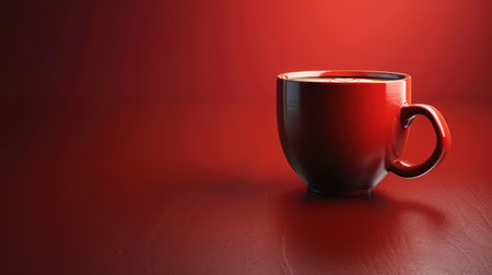 Elegant Red Mug Filled with Hot Beverage on a Matching Red Backgroundの素材