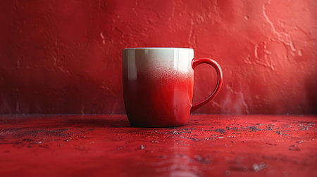 Morning Dew: A Red Mug on a Moist, Textured Surfaceの素材
