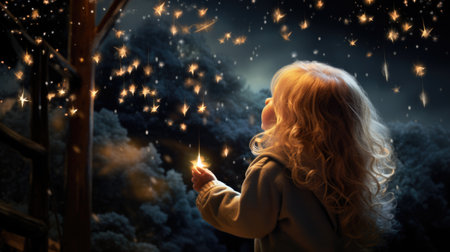 A blonde baby girl looking at a huge twinkling star in the night skyの素材