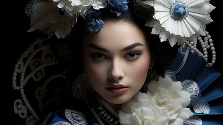 japanes white makeup geisha with japanese fanの素材