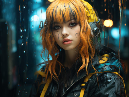 in the rain, in the style of cyberpunk mangaの素材