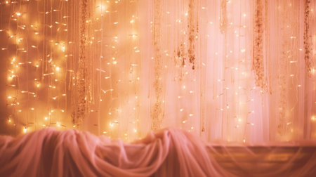 Pink fabric with lights on wooden table backgroundの素材