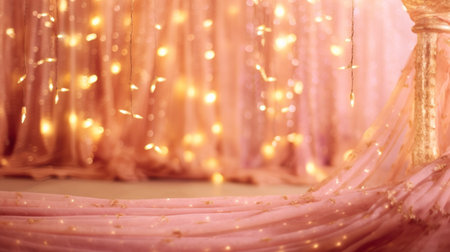 Pink fabric with lights on wooden table backgroundの素材