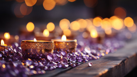 Pink fabric with lights on wooden table backgroundの素材