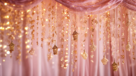 Pink fabric with lights on wooden table backgroundの素材