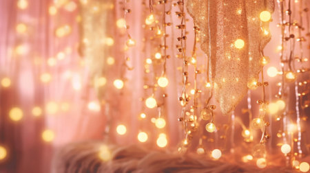 Pink fabric with lights on wooden table backgroundの素材