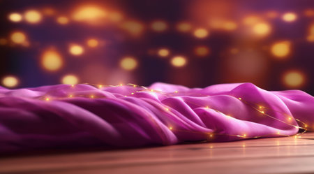Pink fabric with lights on wooden table backgroundの素材