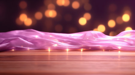 Pink fabric with lights on wooden table backgroundの素材