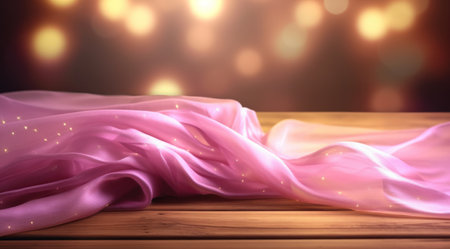 Pink fabric with lights on wooden table backgroundの素材