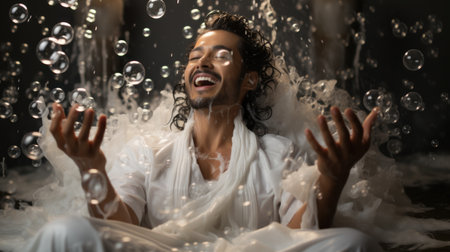 man taking showerの素材