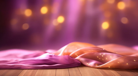 Pink fabric with lights on wooden table backgroundの素材