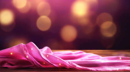 Pink fabric with lights on wooden table backgroundの素材
