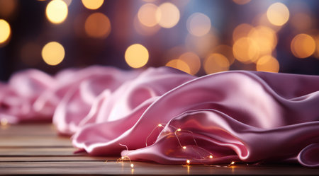 Pink fabric with lights on wooden table backgroundの素材