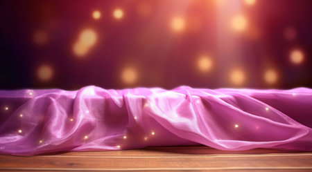 Pink fabric with lights on wooden table backgroundの素材