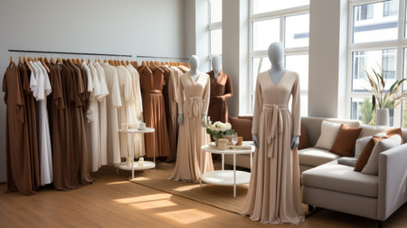 mannequins and racks, showing some casual muslim high street cotton tops, abaya and dressesの素材
