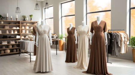mannequins and racks, showing some casual muslim high street cotton tops, abaya and dressesの素材