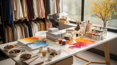 Fabric swatch books are put on a large table, buttons, zippers, photographyの素材