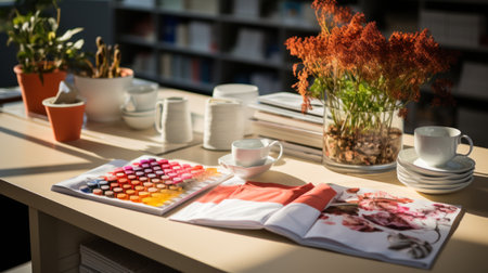 Fabric swatch books are put on a large table, buttons, zippers, photographyの素材