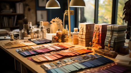 Fabric swatch books are put on a large table, buttons, zippers, photographyの素材