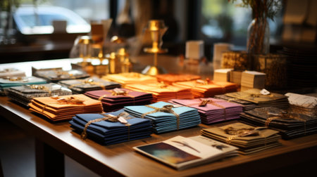 Fabric swatch books are put on a large table, buttons, zippers, photographyの素材