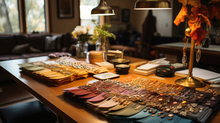 Fabric swatch books are put on a large table, buttons, zippers, photographyの素材