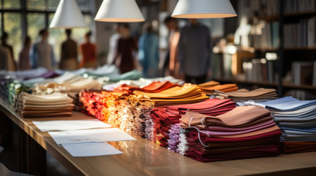 Fabric swatch books are put on a large table, buttons, zippers, photographyの素材