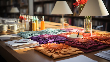 Fabric swatch books are put on a large table, buttons, zippers, photographyの素材