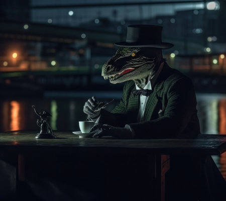 A t - rex in a suit and top hat having tea on a dock smilingの素材