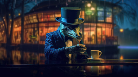 An alligator in a suit and top hat having tea on a dock smilingの素材