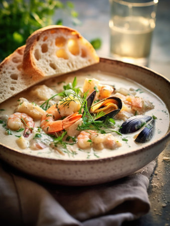 a bowl of creamy seafood soupの素材