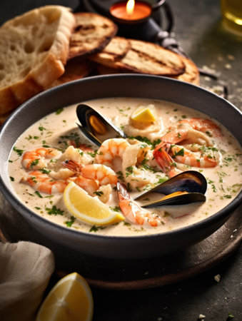 a bowl of creamy seafood soupの素材