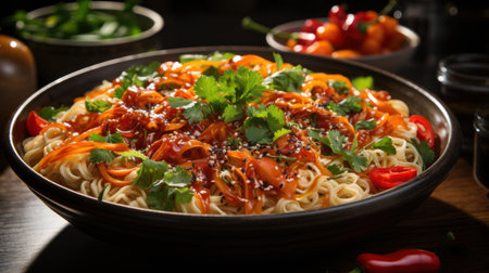 A bowl of Asian noodles with vegetables drizzled with peanut sauceの素材