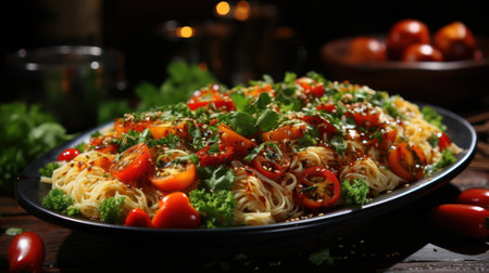 A bowl of Asian noodles with vegetables drizzled with peanut sauceの素材