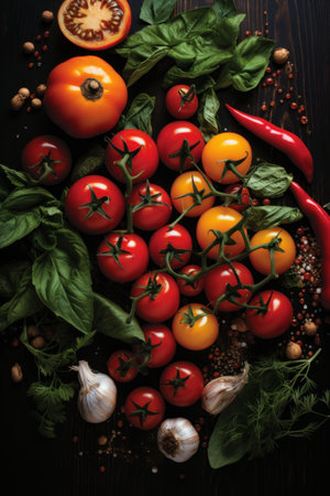 Fresh tomatoes, garlic, basil and onion on a dark gray tableの素材
