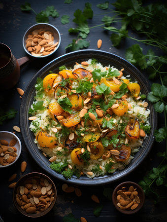 Couscous salad with dried apricots and pine nuts with fresh chopped herbs on a white tableの素材