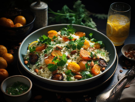 Couscous salad with dried apricots and pine nuts with fresh chopped herbs on a white tableの素材