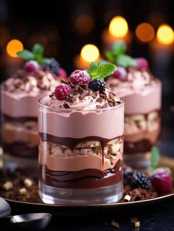Creamy chocolate mousse in glass cupsの素材