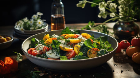 Couscous salad with dried apricots and pine nuts with fresh chopped herbs on a white tableの素材