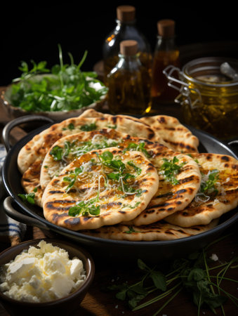 Soft and fluffy naan bread, brushed with herb garlic butterの素材
