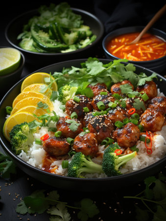 Sticky glazed asian meatballs with riceの素材