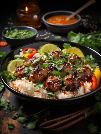 Sticky glazed asian meatballs with riceの素材