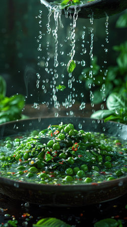 Emerald Droplets: A Dance of Water and Fresh Green Peasの素材