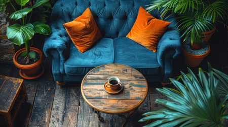 Cozy Corner with Blue Velvet Sofa, Vibrant Cushions, and Greeneryの素材