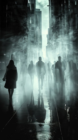 Mystical Urban Dawn: Silhouettes Amidst the City's Awakening Lightの素材