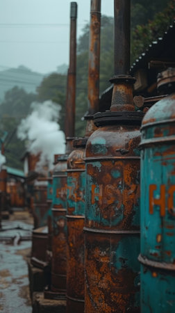 Rustic Industrial Charm: Vintage Steam Engines Amidst Misty Ambianceの素材