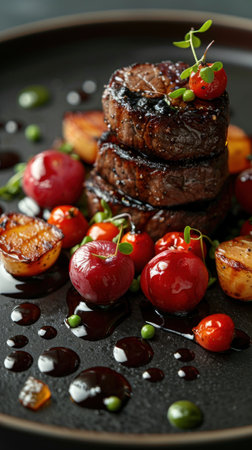 Gourmet Grilled Steak with Fresh Berries and Grilled Vegetablesの素材